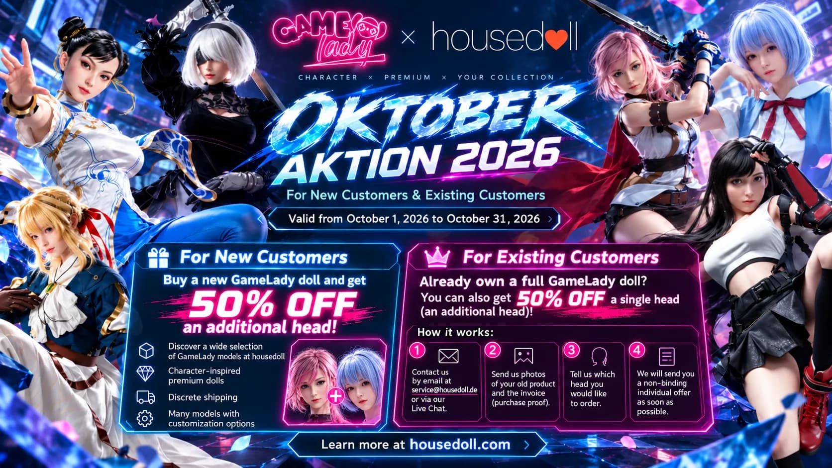 GameLady Oktober-Aktion 2026 bei housedoll: 50 % Rabatt auf einen zusätzlichen Kopf für Neu- und Bestandskunden. Gültig vom 1. bis 31. Oktober 2026.