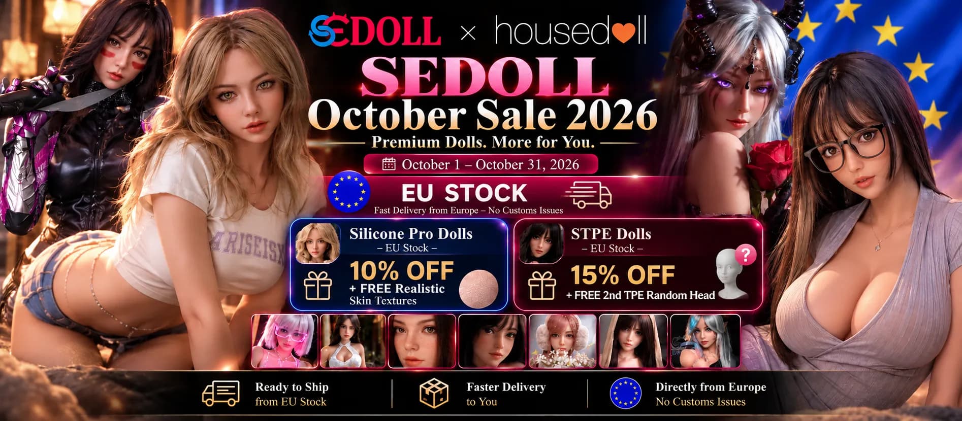 SEDOLL Oktober-Aktion 2026 bei housedoll: 10 % Rabatt auf Silikon-Puppen aus dem EU-Sofortlager. Gültig bis 31. Oktober 2026.