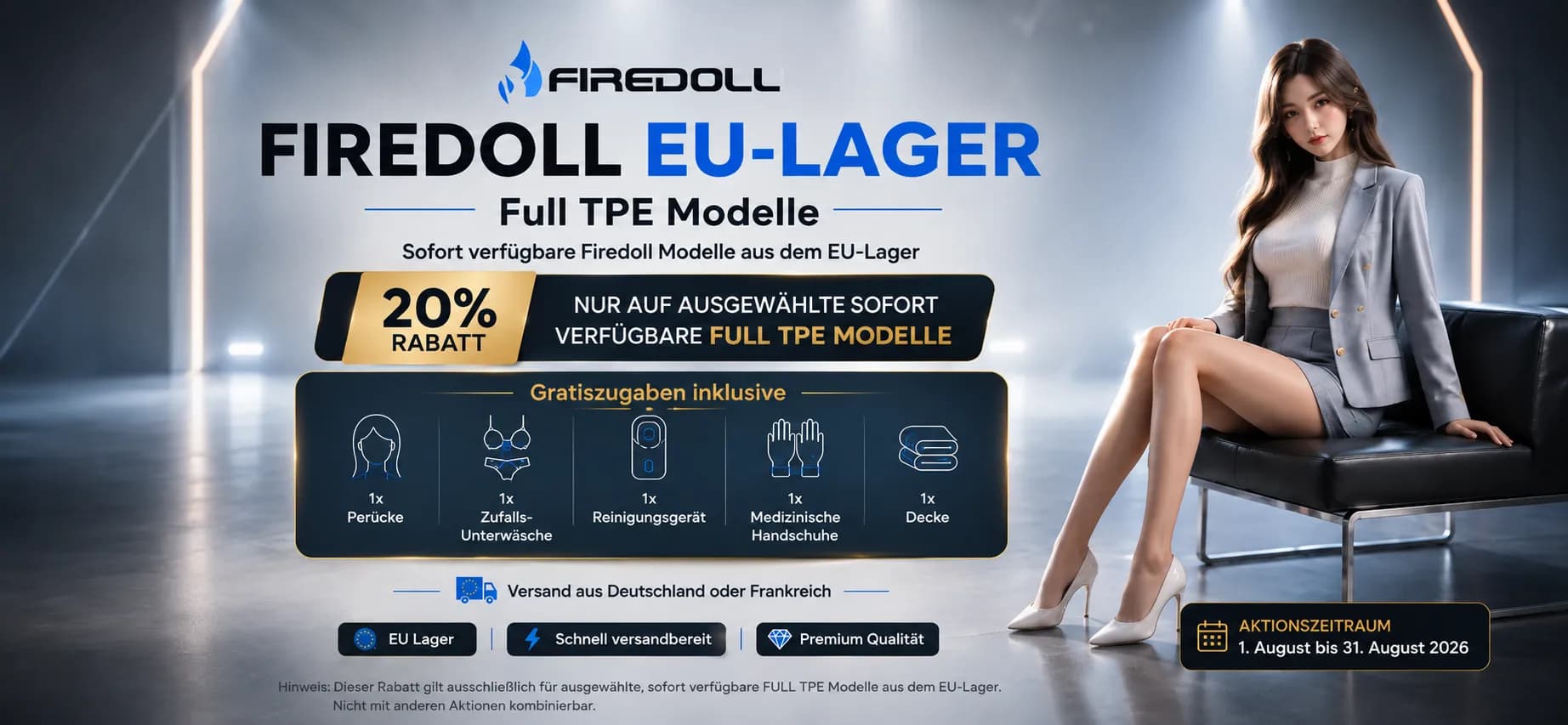 Firedoll EU-Lager Aktion mit 20 % Rabatt auf sofort verfügbare Full TPE Modelle, inklusive Gratiszugaben und Versand aus Deutschland oder Frankreich. Gültig vom 1. bis 31. August 2026.