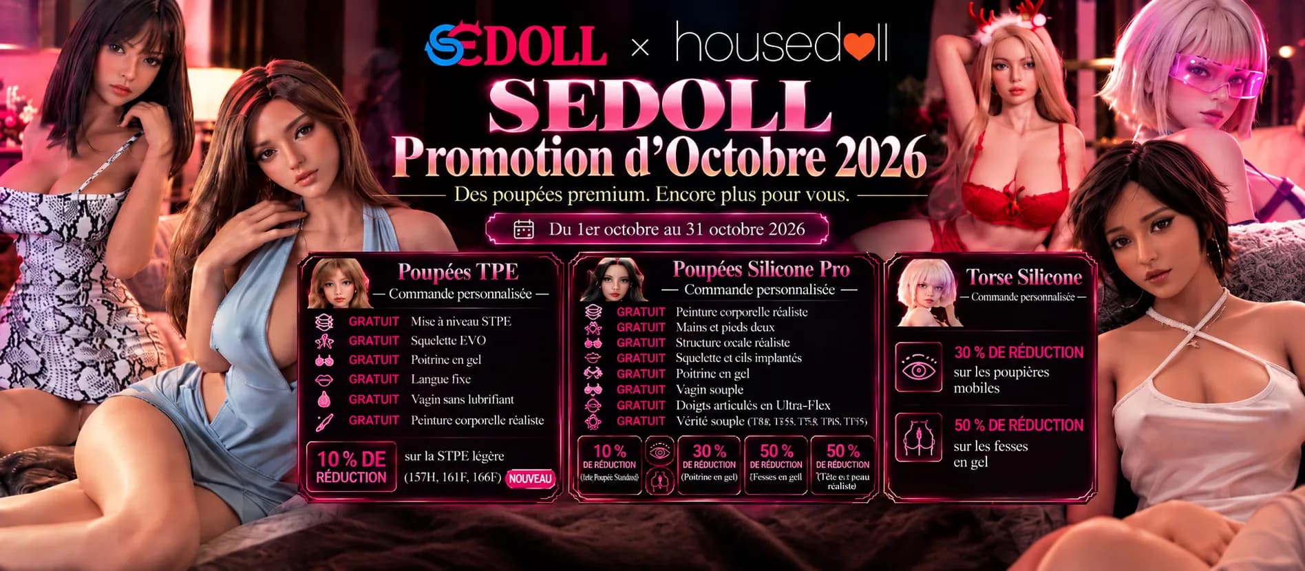 SEDOLL Oktober-Aktion 2026 bei housedoll: kostenlose Upgrades und Rabatte auf ausgewählte TPE-Puppen, Silikon Pro-Puppen und Silikon-Torsos. Gültig vom 1. bis 31. Oktober 2026.