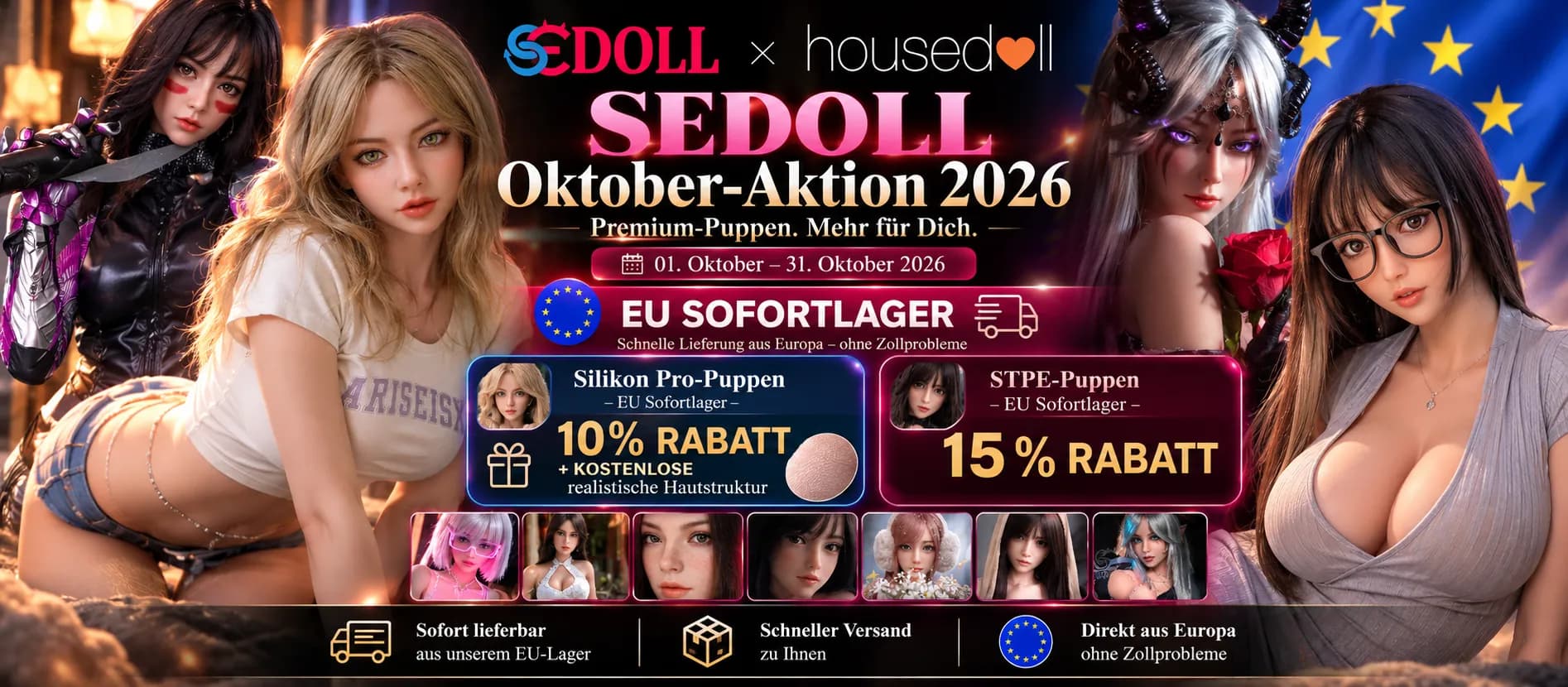 SEDOLL Oktober-Aktion 2026 bei housedoll: 10 % Rabatt auf Silikon-Puppen aus dem EU-Sofortlager. Gültig bis 31. Oktober 2026.