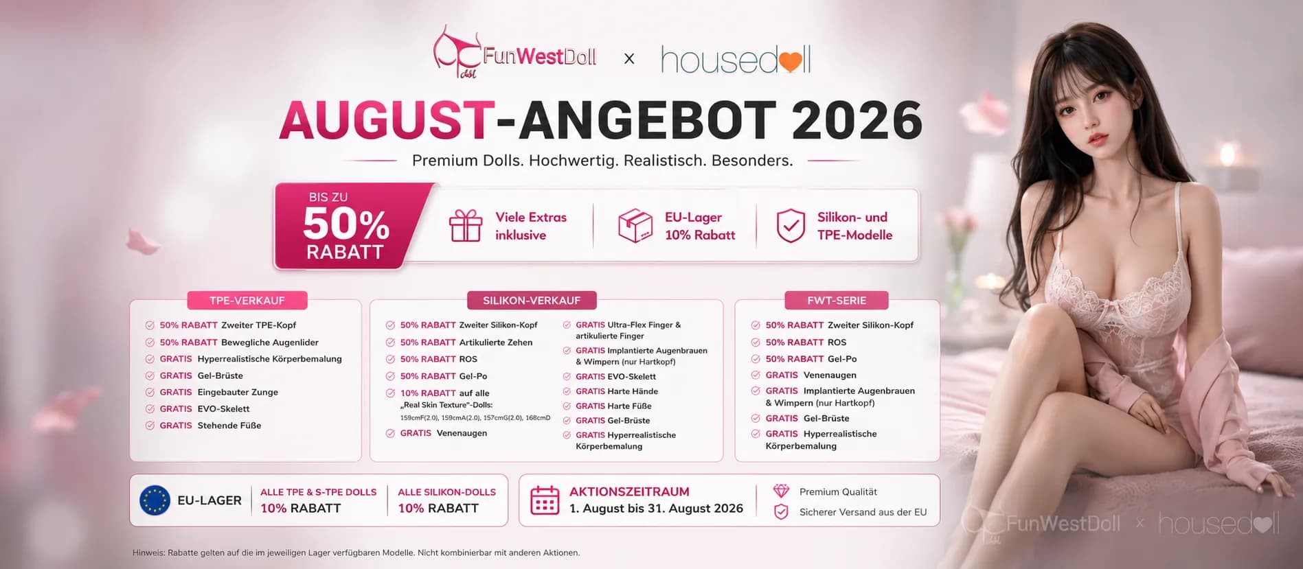 FunWestDoll x housedoll August-Angebot 2026 10 % Rabatt auf EU-Lager Modelle aus TPE, S-TPE und Silikon.