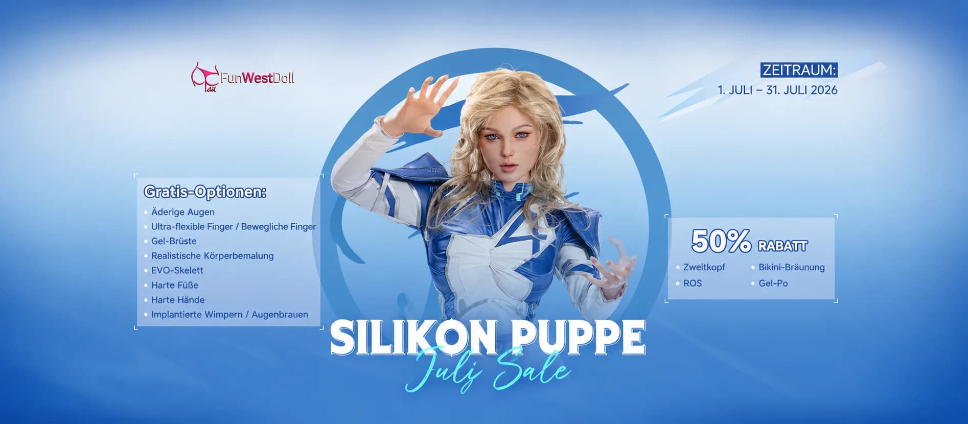 FunWestDoll Silikonpuppe Juli Sale 2026 bis Juli 31. - Gratis optionen