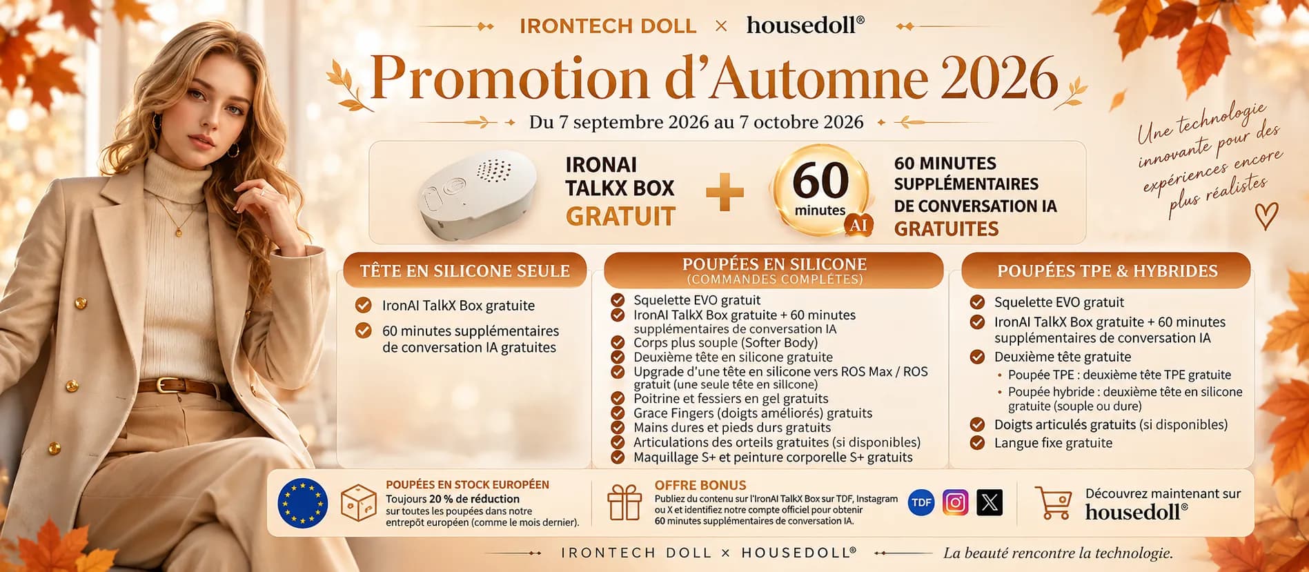 Irontech Herbstaktion 2026 bei housedoll® mit kostenloser IronAI TalkX Box, zusätzlichen 60 Minuten KI-Gesprächszeit und Gratis-Upgrades für ausgewählte Irontech Dolls.